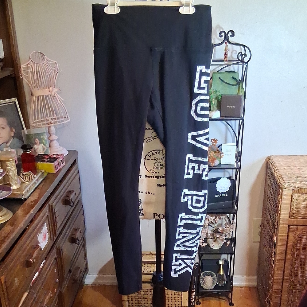 VS Pink Black Love Pink Yoga Bandana Print Leggings Size Medium